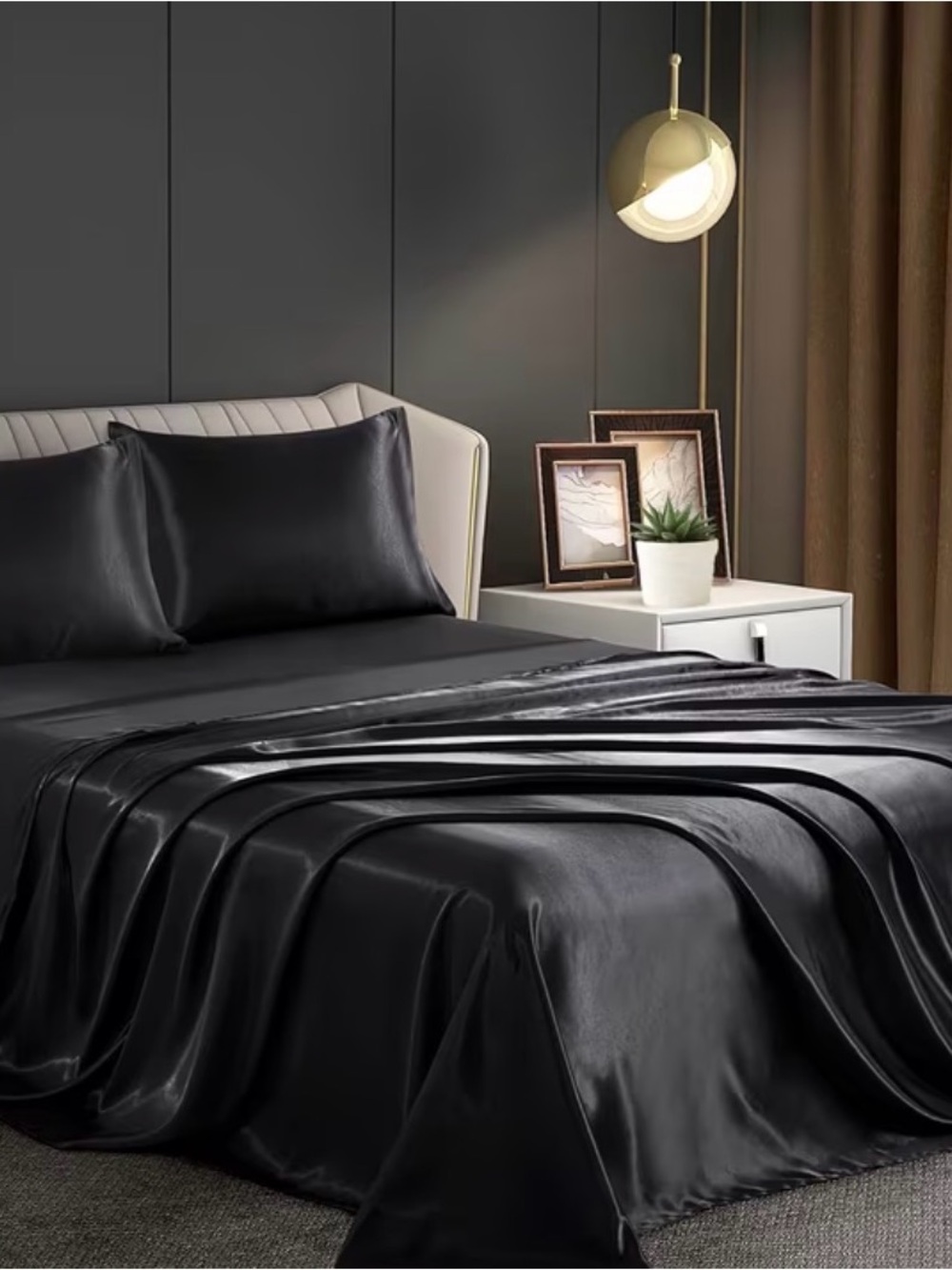 Luxury Black Satin Bed Sheet Set - Smooth Silky Finish